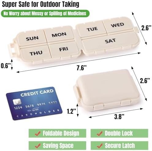 7 Day Compact Pill Organizer, Foldable Portable Travel Pill Box with Double Protection, Daily Small Pill Case Dispenser for Medication, Vitamins, Supplements (Khaki)