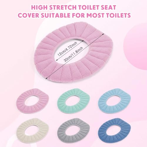 Tegeme 12 Pack 11.8'' Thicker Bathroom Toilet Seat Cover Pads Bulk Soft Comfortable Cushion Cover Stretchable Toilet Seat Elastic Washable Fabric Easy to Install for Home Bathroom Restroom, 6 Colors