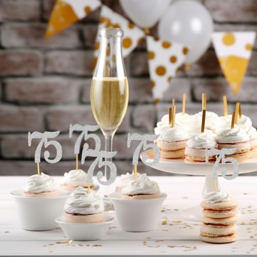 50pcs 75th Cupcake Toppers Silver Glitter Number 75 Cake Picks for Birthday Wedding Anniversary Party Decorations