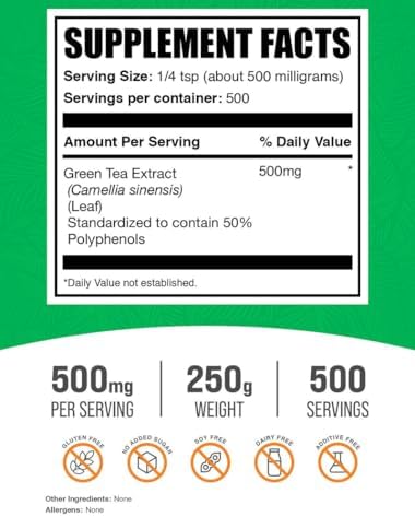 BulkSupplements.comgreen Tea Extract Powder - 50% Polyphenols Supplement, EGCG Supplements - Gluten Free, 500mg per Serving, 250g (8.8 oz) (Pack of 1)