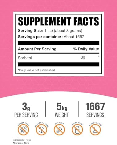 BulkSupplements.com Sorbitol Powder - Sugar Substitute, Low Calorie Sweetener - Food Grade & Gluten Free, 3000mg per Serving, 5kg (11 lbs) (Pack of 5)