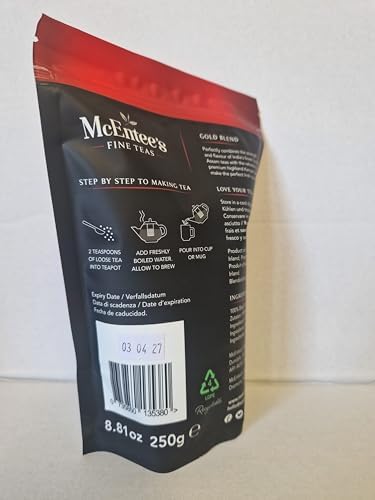 McEntee's Irish Loose Leaf Gold Blend Tea - (Pack of 4) - 250g Refill Bag - Expertly blended in Ireland to give that perfect cup of tea. A traditional Irish blend (Assam and Kenyan).