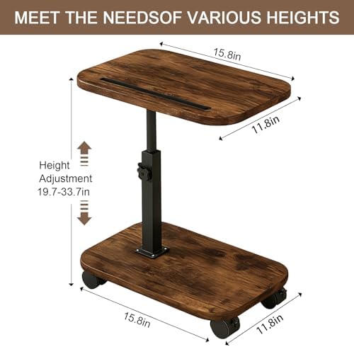 Adjustable Height TV Tray Table with Wheels, C Shaped End Side Table & Phone Tablet Slot, Swivel Snack Stand for Couch, Sofa, Bed,Living Room, Laptop Use in Small Spaces (Rustic Brown)