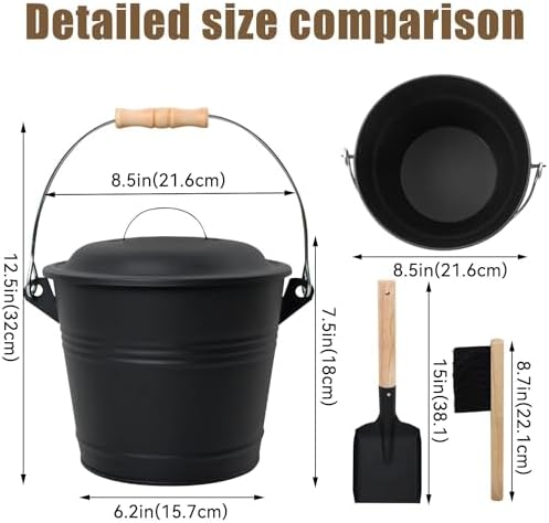 BRIAN & DANY Mini Ash Bucket with Lid and Shovel, 1.3 Gallon Fireplace Bucket with Broom, Ash Can for Fireplace, Ashes, Fire Pit, Wood Burning Stove