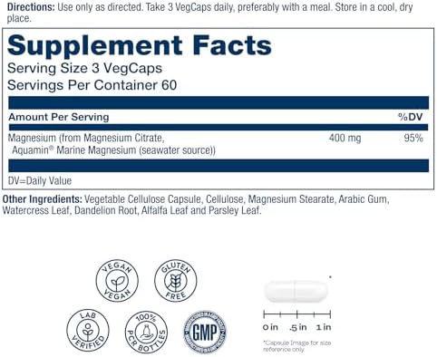 SOLARAY Magnesium Citrate 400mg - Magnesium Supplement - Bone Health, Muscle, Relaxation and Heart Health Support - Vegan, Gluten Free - 60 Servings, 180 VegCaps