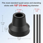 supregear Quad Cane Tips (4-Pack) - Heavy Duty Rubber Cane Tip - Non-Slip Extreme Grip Replacement Foot Pad - Accessories for Walking and Standing Stick for Women, Men, Seniors, Elderly