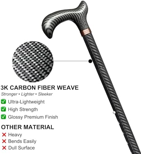 Adjustable Walking Cane for Men & Women - Lightweight Carbon Fiber Cane, Premium Walking Stick for Seniors with Quad & Single Rubber Tips, Ergonomic Handle & Wrist Strap