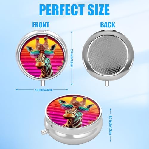 Pill Box, 3 Compartments Small Pill Case Travel Portable Metal Medicine Box with Mirror Mini Container for Purse Pocket Women Men(Glass Giraffe)