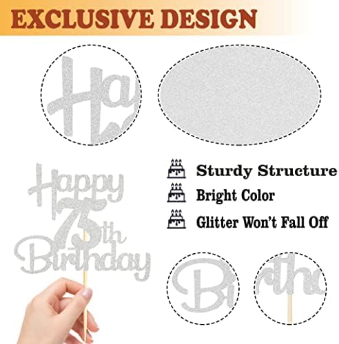 Sotpot Happy 75th Birthday Cake Topper Silver Glitter 75th Cake Toppers 75 Birthday Cake Decorations for Cheers to 75 Fabulous Birthday Party Supplies- 1 Pack
