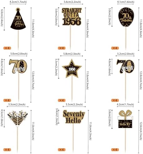 36PCS Happy 70th Birthday Cupcake Toppers Double Sided Black Gold Seventy Hello 70 Straight Outta 1955 Cupcake Picks 70 Fabulous Cheers to 70 Years Cake Decorations for 70th Birthday Party Supplies