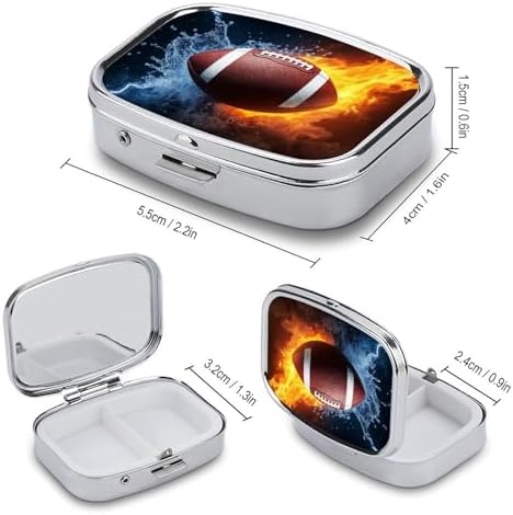 Pill Case Compatible with Flying Flaming American Football Ball Pill Box with Mirror Retro Pocket 2 Compartment Medicine Case Vitamin Pill Organizer for Pocket Purse and Travel Gifts