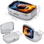 Pill Case Compatible with Flying Flaming American Football Ball Pill Box with Mirror Retro Pocket 2 Compartment Medicine Case Vitamin Pill Organizer for Pocket Purse and Travel Gifts