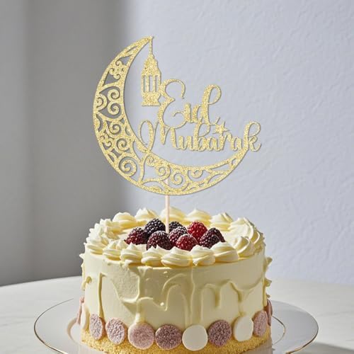 Gold Glitter Eid Mubarak Cake Topper，Ramadan Kareem/Muslim Eid al-Fitr Party Decorations Supplies(Mubarak)