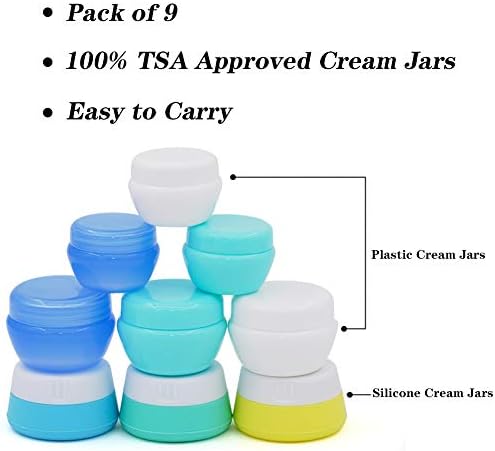 Cosywell Travel Containers Sets Silicone & PP Cream Jars for Toiletries Empty Lotion Leak-proof & TSA Approved Bottles Accessories with Hard Sealed Lids for Cosmetic Makeup Face Cream (9 Jars)