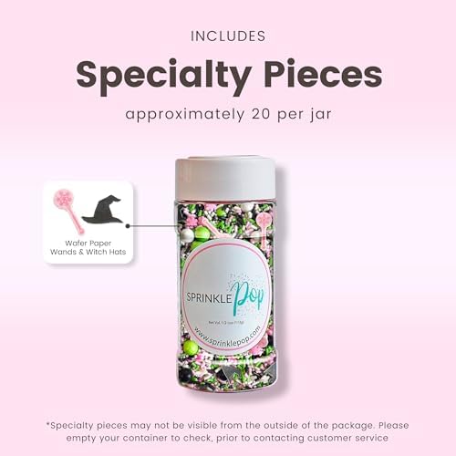 Sprinkle Pop Which Witch Sprinkle Mix| Black Green White Pink Sprinkles with ~20 Witch Hats Wands Wafer Paper| Halloween Sprinkles Made in USA for Decorating Cake Cupcakes Donuts Cookies Brownies,4oz