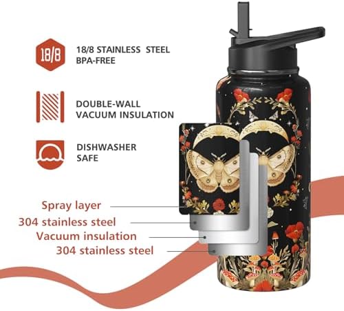 Goth Gifts 18oz Sport Water Bottle with Flip Straw & Spout Lid, Gothic Poppy Moth Stainless Steel Insulated Gym Water Bottle, Mushroom Moon Gifts for Women Men (1 PC)
