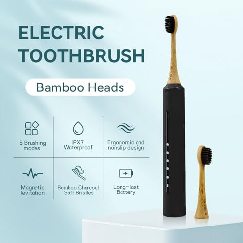 Bamboo Electric Toothbrush for Adults丨Rechargeable Electric Toothbrush with 3 Non Toxic Charcoal Infused Bamboo Brush Heads, 5 Cleaning Modes, 60 Days Battery Life, IPX7 Waterproof-Black