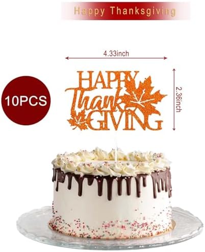 10Pcs Happy Thanksgiving Cake Toppers Glitter Maple Leaf Cupcake Toppers Fall Leaves Cake Topper for Thanksgiving Birthday Party Autumn Cake Decorations Supplies Orange