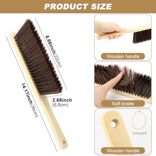 2 Pcs Wooden Dust Brush,Hand Broom with Lanyard Bench Brush with Long Wood Handle Outdoor Furniture Brush for Cleaning Car Bed Sofa Fireplace Couch and Clothes(Size:2 pcs)