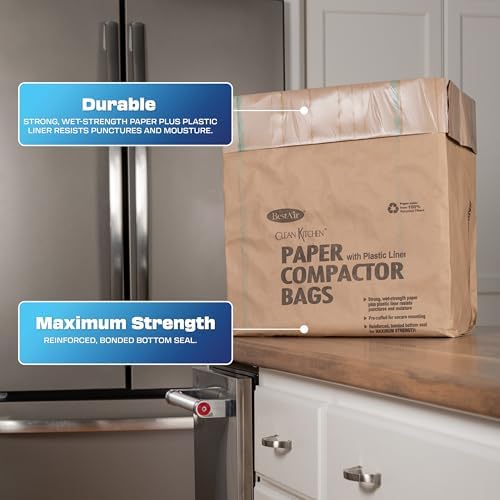 BestAir Heavy Duty Trash Compactor Bags (8-Pack) | Reinforced Bottom Seal | Wet-Strength Paper with Plastic Liner | Pre-Cuffed Flat Top for Secure Fit | 10-Gallon Capacity | 9" x 17" x 16"