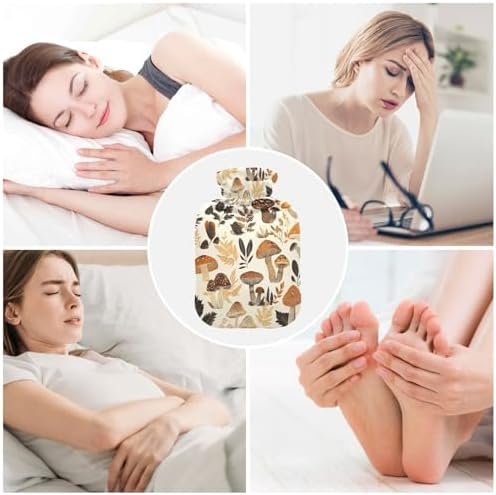 Cottage Style Aesthetic Mushrooms Hot Water Bottle with Cover, 2Liter Soft Velvet Winter Warm Water Bag for Neck and Shoulder Pain Relief Period Cramps Bed Hand Feet Warmer