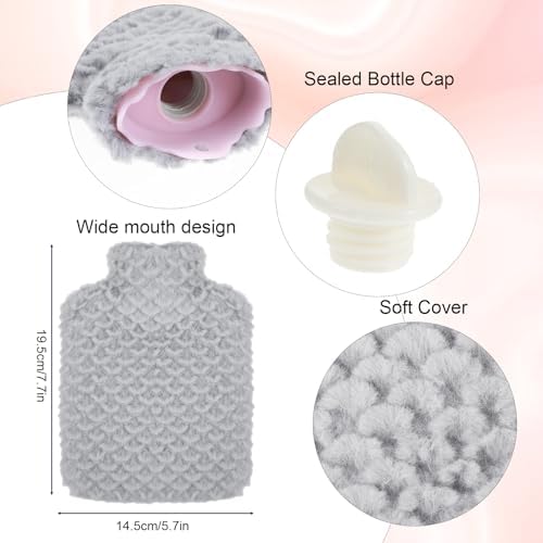 Hot Water Bottle, 500ml Small Hot Water Bottle with Cover Mermaid Style Hand Warmer with Soft Premium Faux Fur Cover 2-in-1 Bottles for Cold & Hots Compress Bag for Women Seniors (Gray)