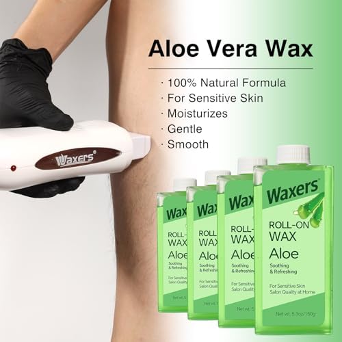 Roll on Wax Refill for Hair removal Aloe Vera at Home Roller Waxing Cartridges for Sensitive Skin Depilatory Soft Wax for Legs Arms & Body 5.3oz 150g 4 Pack