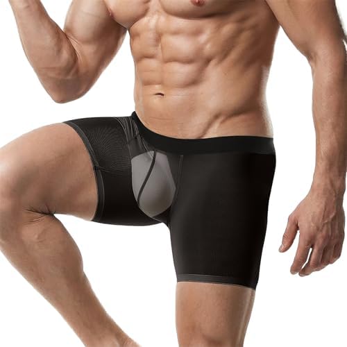Mens See Through Underwear Mesh Ice Silk Boxers Briefs Transparent Sexy Pouch Underpants Extended Anti Crotch Shorts