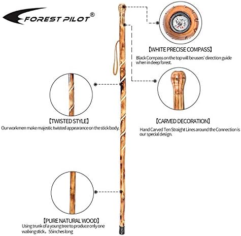 FOREST PILOT Big Ball Head Twisted Style Wooden Walking Stick for Hiking with Compass (Nature Color, 48 Inches, One Piece)