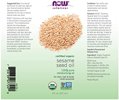 NOW Foods Solutions, Organic Sesame Seed Oil, 100% Pure Moisturizing Oil for Skin and Hair, with Vitamins, Minerals and Phytonutrients, 8-Ounce