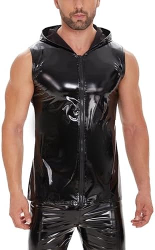 Men Sexy Leather Tank Top, Wetlook, Hoodies Shirts Sleeveless, Male Glossy Vest