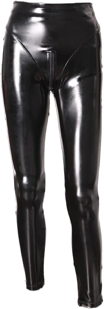 Women's Sexy Wetlook Shiny Synthetic Latex Slim Fit Leggings Stretchy Skinny Zipper Crotch Pencil Pants Trousers