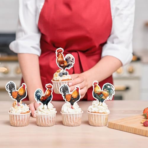 48Pcs Edible Rooster Cupcake Toppers Edible Rock Cupcake Picks for Farmyard Animal Baby Shower Boys Girls Birthday Party Cupcake Cake Decorations Rock Rooster Carnival Party Decors