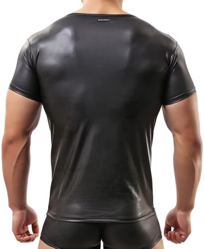 Men's Sexy Leather T-Shirt Slim Nightwear Tops Wet Look Undershirt Black