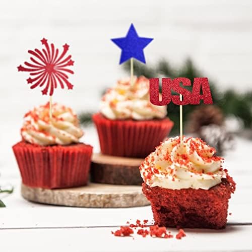 4th of July Cupcake Toppers Independence Day Cupcake Topper Glitters Patriotic Cupcake Toppers USA Flag Red Blue Star Firework Hat Picks Toothpick Toppers for July 4th Party Decorations 18pcs
