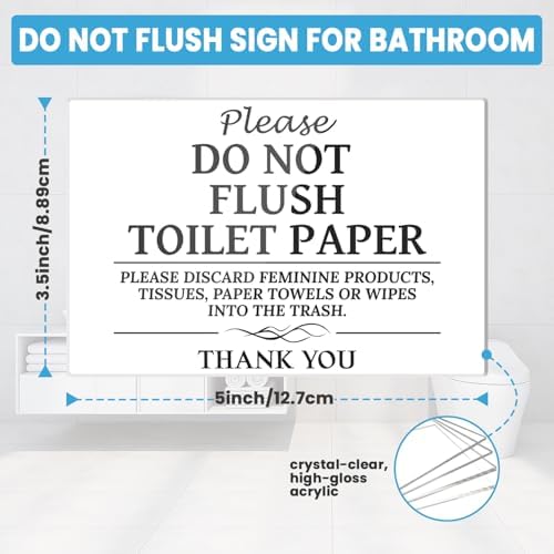 Please Do Not Flush Sign,Thick Acrylic Self-Adhesive Flush Only Toilet Paper Sign, Ideal for Restaurants, Bars, Hotels, and Airbnb (White)