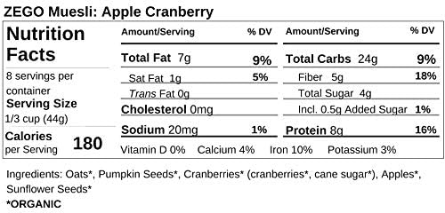 ZEGO Foods Organic Superfood Oatmeal & Muesli, Certified Gluten Free (Apple Cranberry) 13oz