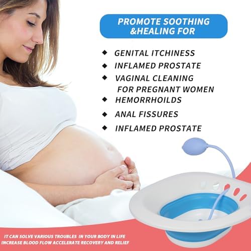 Sitz Bath for Hemorrhoids, Sitz Bath for Toilet Seat, Sitz Bath for Postpartum Care,Collapsible Sits Bath Kit for Women,Easy to Store,Flusher Hose,Wide Seat,Deeper Bowl (Manual Blue)