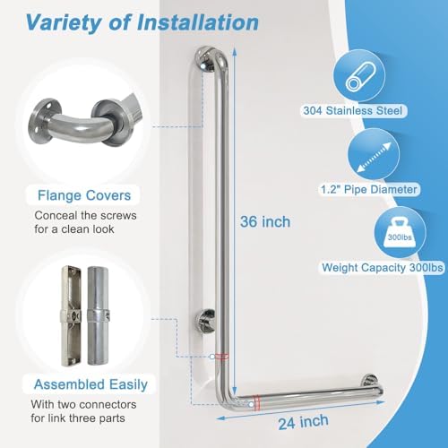 Shower Grab Bar for Seniors Toilet Safety Grab Bars L Shaped Bathroom Hand Rails Wall Mount 24 Inch x 36 Inch Grab Bar for Bathroom Bathtub Handicap Safety Grab Bar Stainless Steel Angle Bar