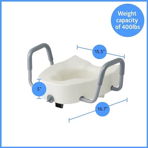 Medline 5" Elongated Raised Toilet Seat, with Lock and Removable Padded Arms- A Medical Seat for Seniors, Elderly, Adults, or Post-Surgery Recovery