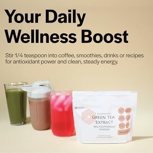 Green Tea Extract Powder 98% Polyphenols, 50% EGCG, Decaffeinated, Powerful Antioxidant & Metabolism And Immune Support, Clean Energy & Focus Without Caffeine, Pure Extract for Drinks, DIY Skin Care