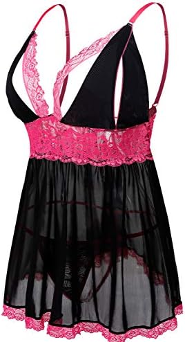 Donnalla Plus Size Babydoll Lingerie Set for Women Sexy Mesh Lace Nightwear Adjustable Straps V Neck Chemise with Panty
