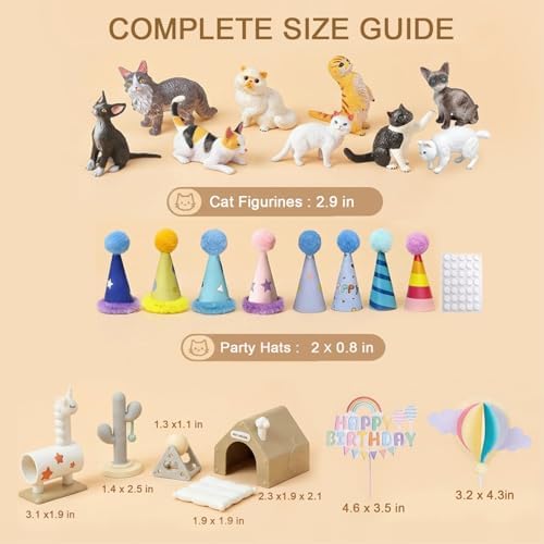 25 Pcs Cat Cake Topper with Animal Figurines, Mini Party Hats for Animals Themed Party, Cat Themed Birthday Party Decorations, Gifts for Cat Lovers Desk Home Decorations, Cupcake Toppers