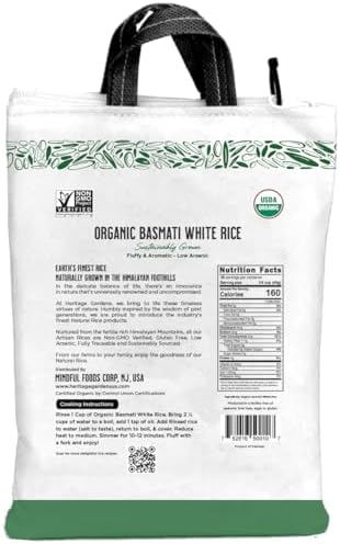 Heritage Gardens Organic White Basmati Rice 80 oz (5 lb) – Extra Long Grain, Non-GMO, Gluten Free, Low-Arsenic, Fluffy & Non-Sticky – Himalayan Grown Premium Basmati