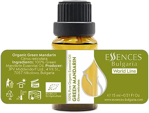 Essences Bulgaria Organic Green Mandarin Essential Oil 0.51 Fl Oz 15ml Citrus reticulata - 100% Pure and Natural Undiluted Therapeutic Grade Aromatherapy Diffuser Humidifier Candle Making Body Oil