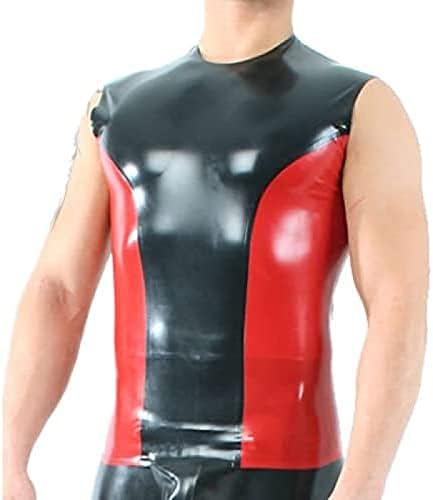 Two Sided Embellishments, Sexy Latex Vest Shirts with Round Collar, Rubber Clothing, Top,White with Black,XS