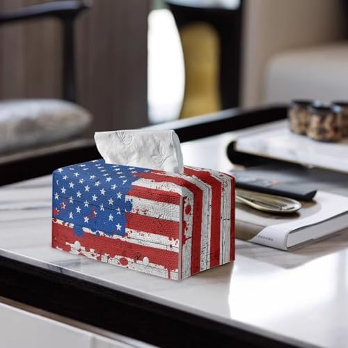 American Flag Print Tissue Box Cover 4th of July Celebration Home Decor Leather Tissue Cover Napkin Holder Organizer Rectangular Design Fit Size 9.7"x5.2"x5.12"