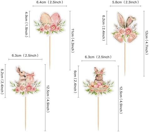 Ercadio 24Pcs Floral Easter Rabbit Bunny Ear Cupcake Toppers Rabbit Egg Happy Easter Cupcake Picks for Easter Day Spring Boys Girls Birthday Baby Shower Party Cake Cupcake Decors Supplies