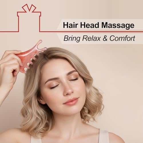 Premium 6 in 1 Head Scalping Massage Tool Comb for Hair|Head|Face|Eye|Neck|Resin Whole Body GuaSha Tool|Vintage Gift Package Relieve Stress Stay Young Home Massage Time-Penny Saver (Resin Pink)