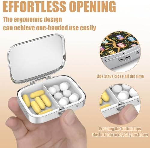 Pill Box-2 Compartment Small Pill Case Square Organizer Case with Mirror Portable Metal Medicine Box Travel Container for Pocket & Purse Women Men(Owl)